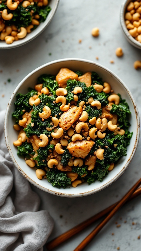 A bowl of kale and chicken stir-fry with cashews.