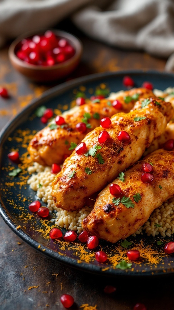 Plate of Kashmiri Chicken Tikka garnished with pomegranate seeds and coriander