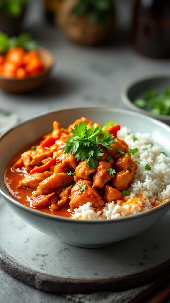 Bowl of Korean Gochujang Chicken Curry served with rice and garnished with cilantro.