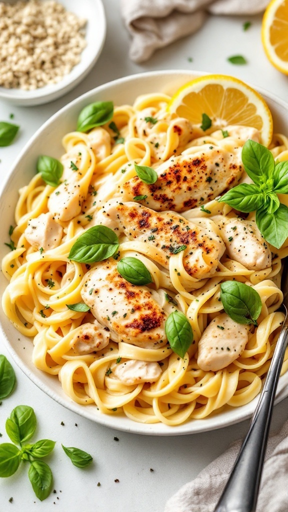 A bowl of creamy Lemon Basil Chicken Alfredo pasta topped with fresh basil leaves and lemon slices.