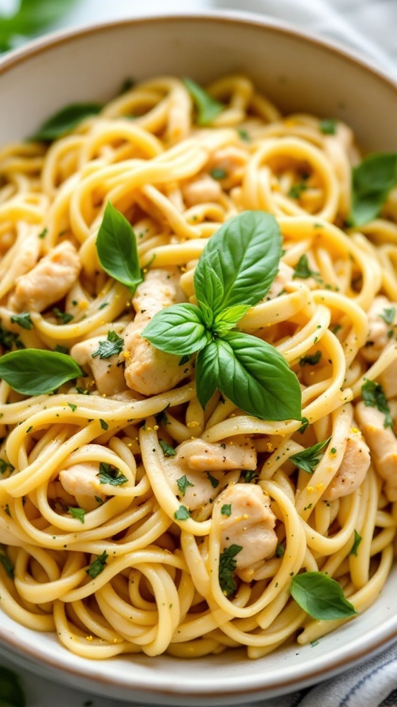 A bowl of lemon basil chicken pasta with fresh basil leaves on top.