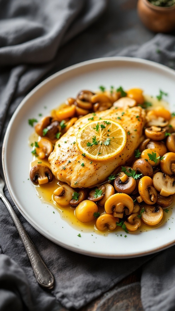 A plate of lemon butter chicken with a mushroom medley garnished with parsley.