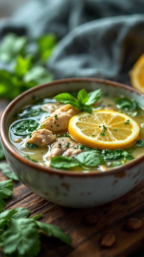 A bowl of lemon chicken and spinach soup garnished with lemon slices and fresh herbs.