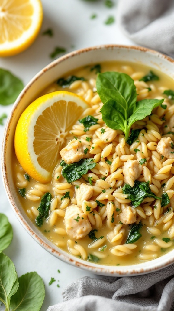 A bowl of lemon chicken orzo soup with spinach and lemon slices