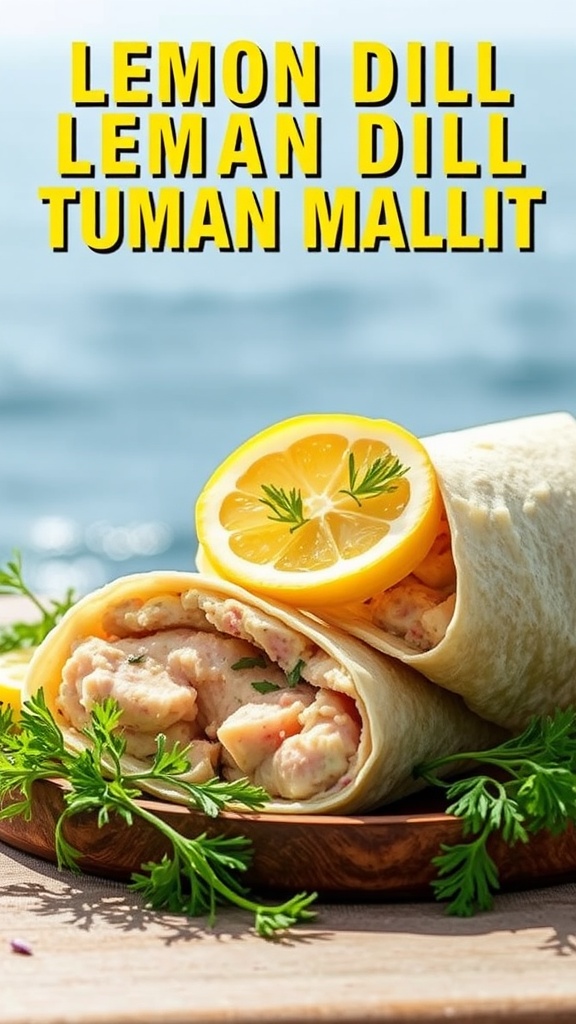 A delicious lemon dill tuna melt wrap with a fresh lemon slice.