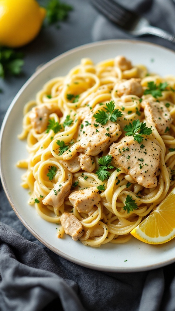 A plate of Lemon Garlic Chicken Alfredo pasta garnished with parsley and lemon