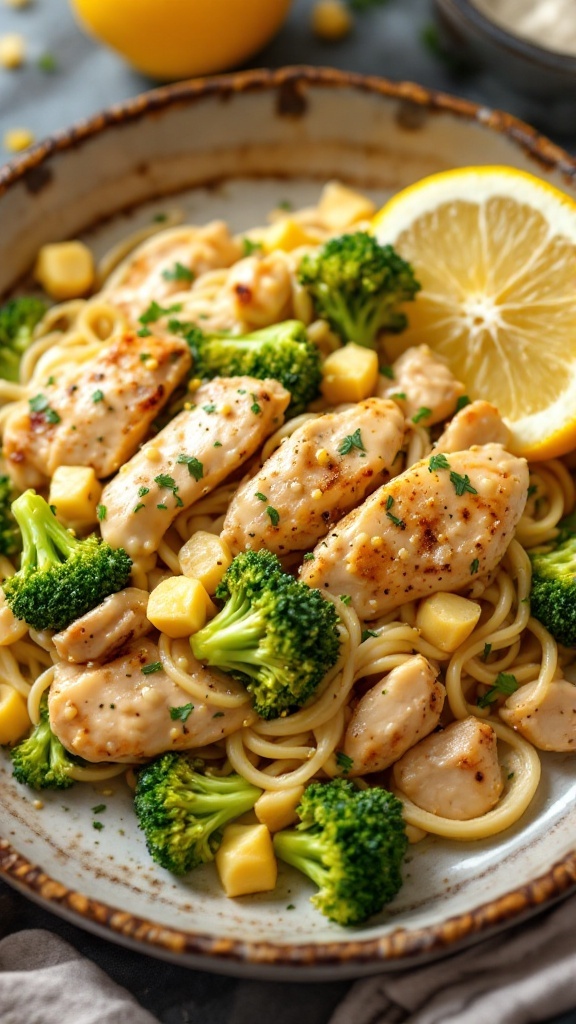 Plate of Lemon Garlic Chicken and Broccoli Alfredo with fettuccine, broccoli, and lemon slices