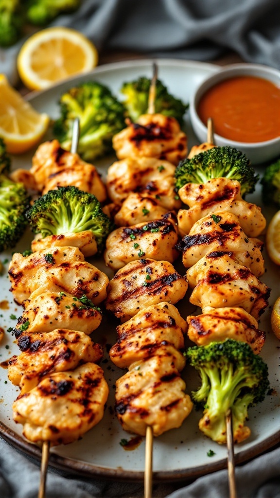 Lemon garlic chicken and broccoli skewers