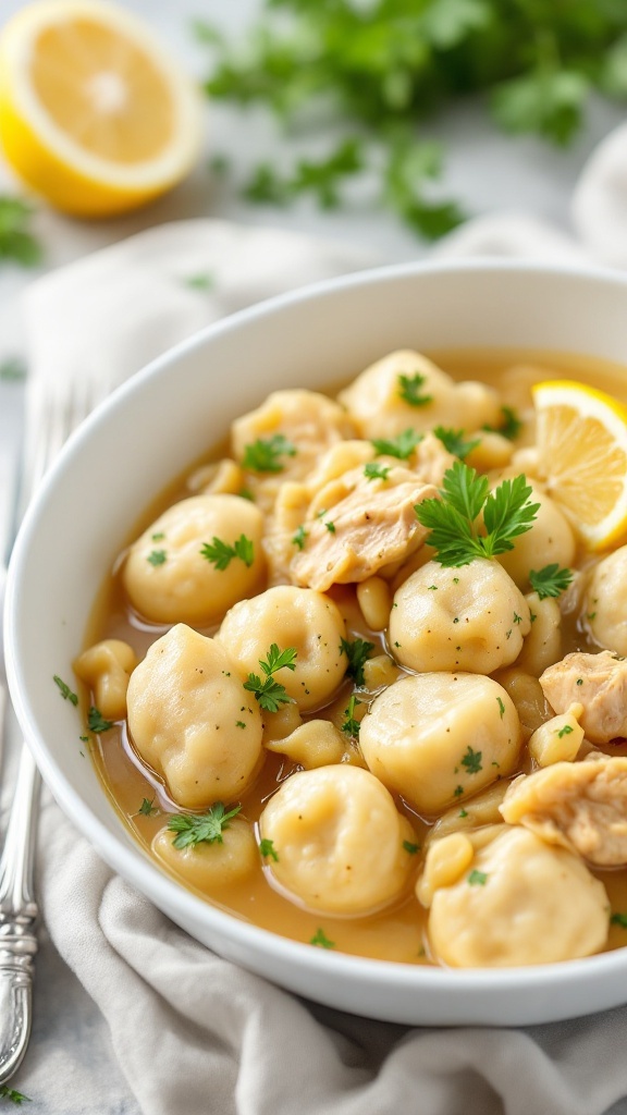 A bowl of lemon garlic chicken and dumplings, garnished with parsley and served in a rich broth.