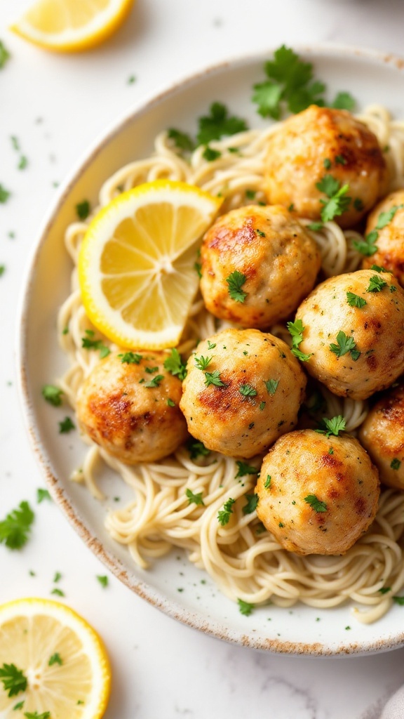 Delicious lemon garlic chicken meatballs served on a plate with pasta and garnished with lemon slices and parsley.