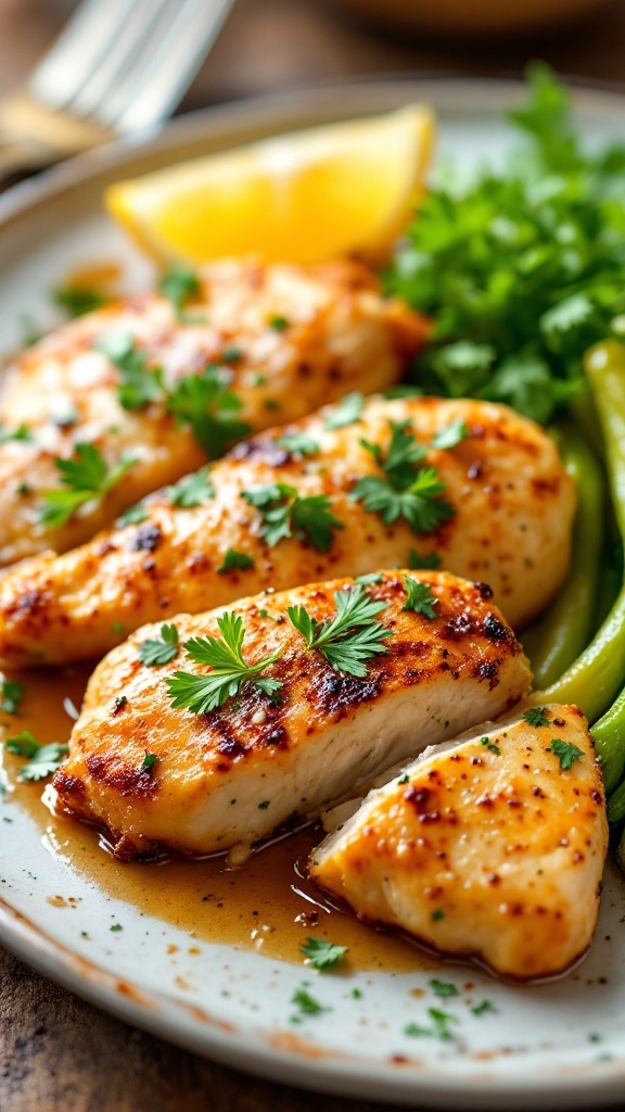 Lemon garlic chicken tenderloins served with fresh garnish