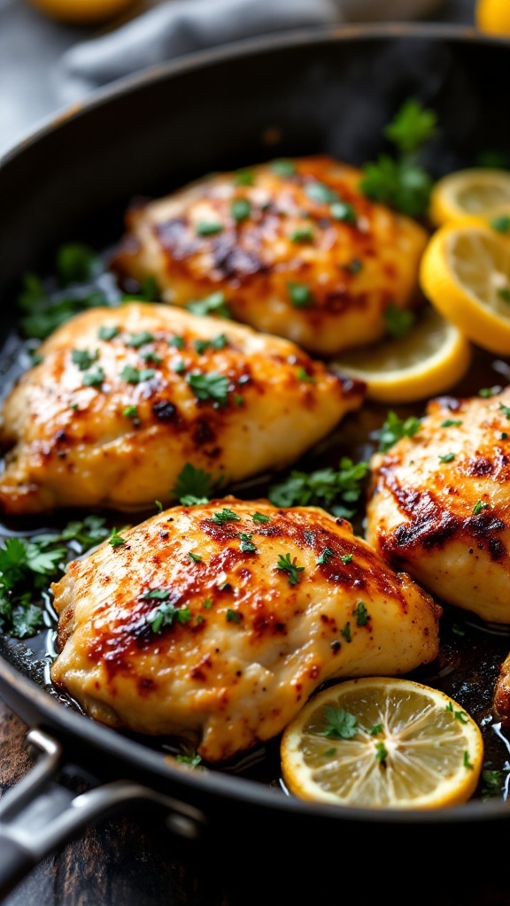 A delicious plate of Lemon Garlic Chicken Thighs garnished with parsley and lemon slices.