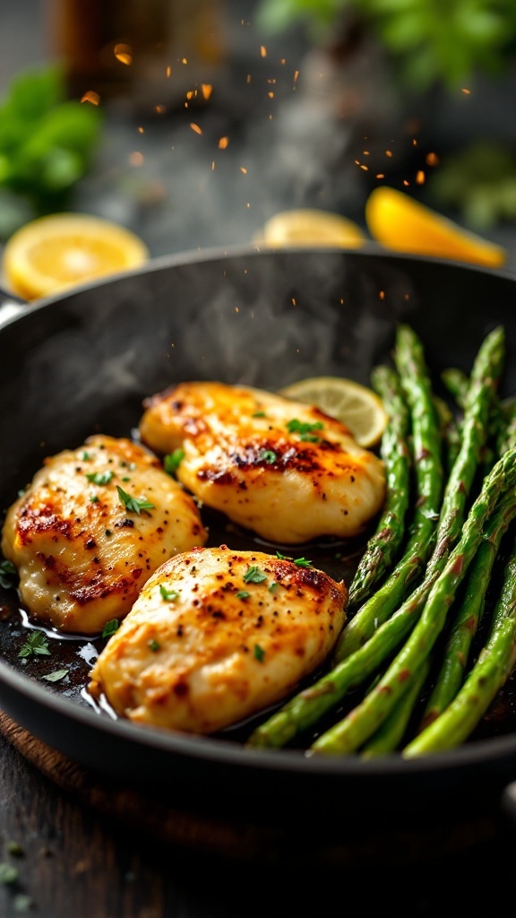 Lemon garlic chicken with asparagus in a skillet