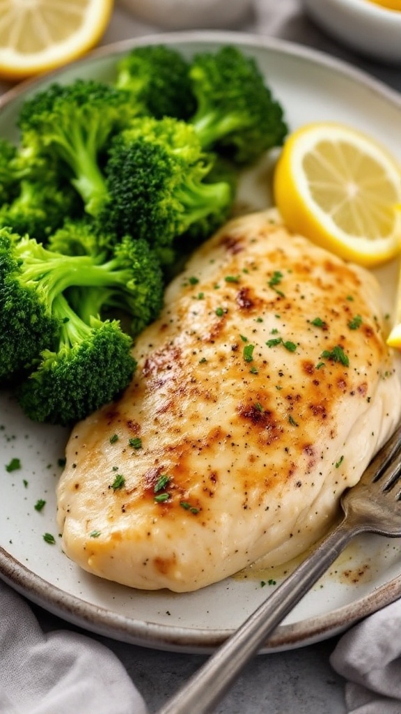 A plate of lemon garlic chicken with broccoli and lemon slices.