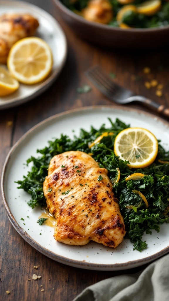 Lemon Garlic Chicken served on a bed of sautéed kale with lemon slices