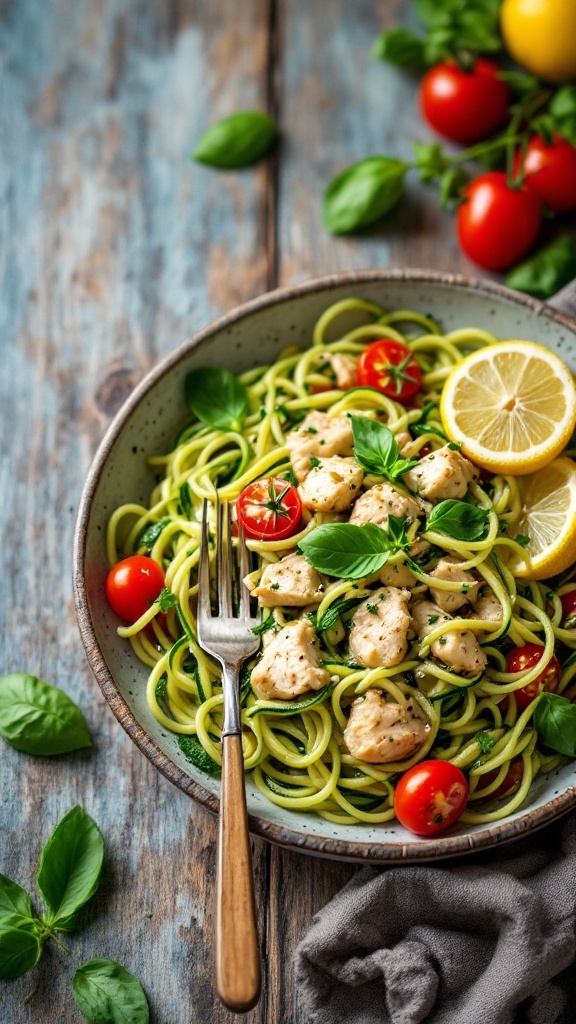 A bowl of lemon garlic chicken zucchini noodles garnished with basil and cherry tomatoes.