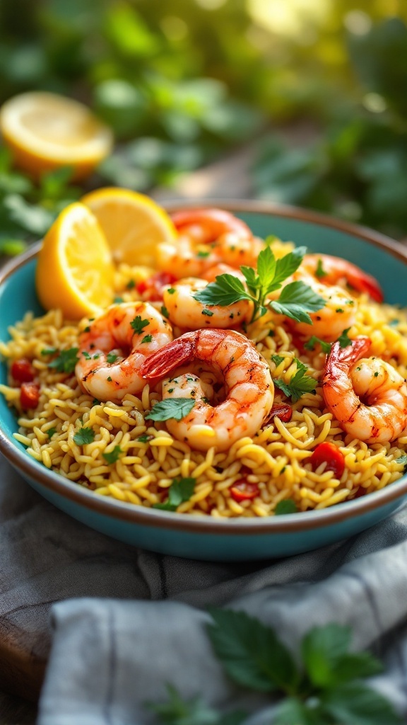 Delicious Lemon Garlic Chilli Orzo with Grilled Shrimp dish