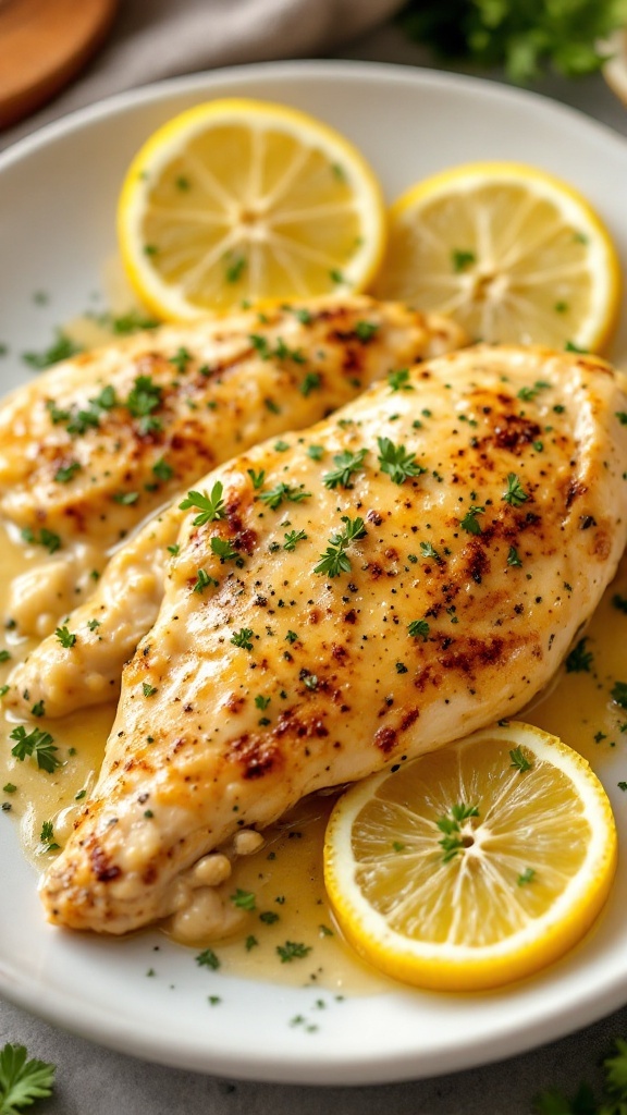 A plate of succulent lemon garlic cream chicken garnished with parsley and lemon slices.