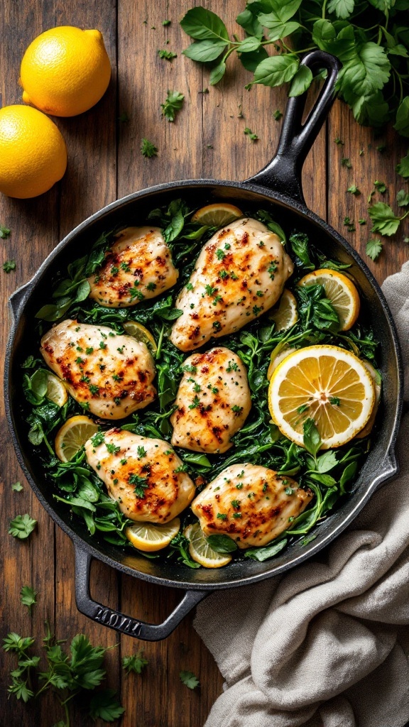 A skillet with lemon garlic chicken and fresh spinach