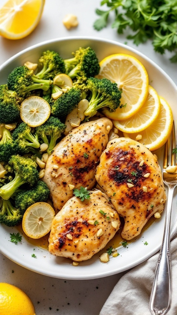 A plated dish of Lemon Ginger Chicken with broccoli and lemon slices.