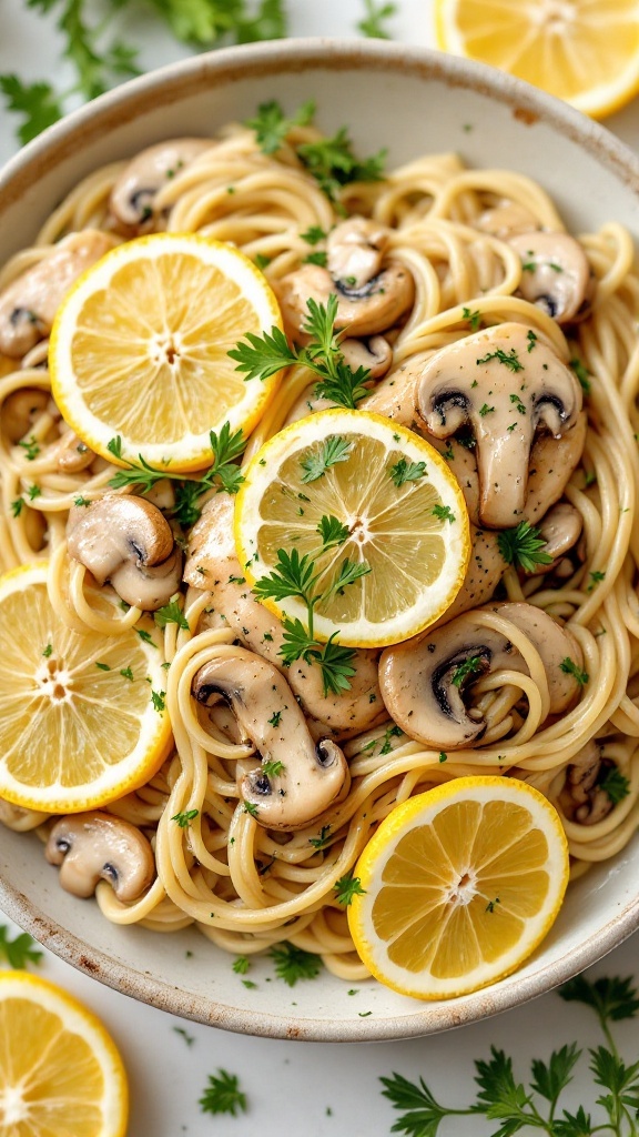 A creamy Lemon Herb Chicken Alfredo pasta dish garnished with lemon slices and parsley.