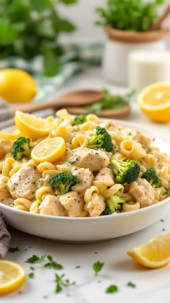 A delicious lemon herb chicken alfredo bake with pasta and broccoli