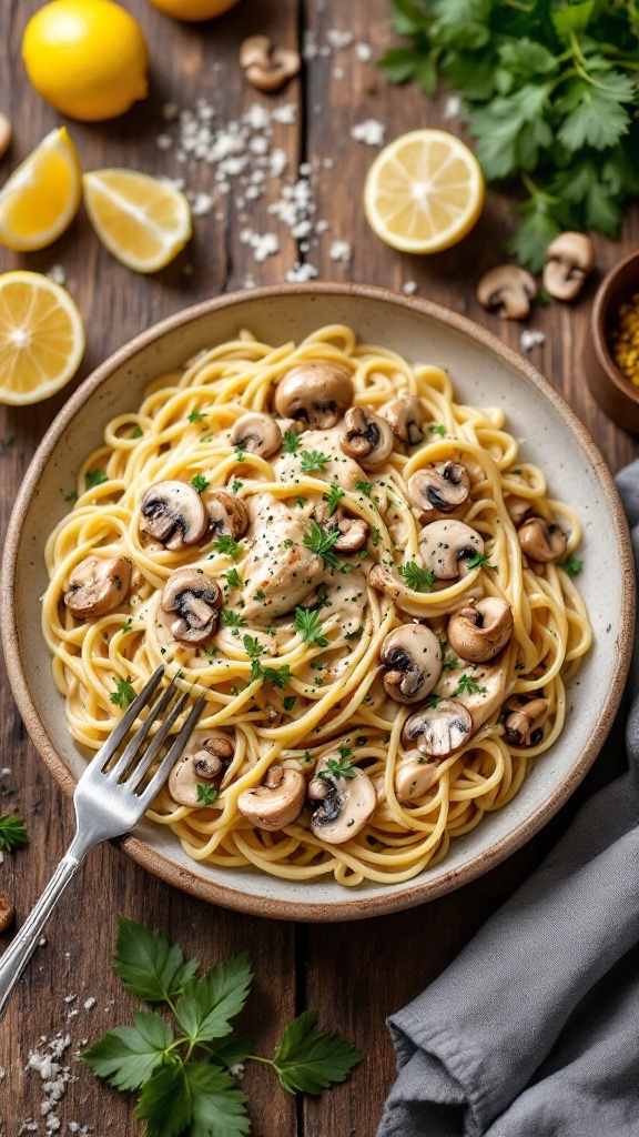 A creamy lemon herb chicken alfredo pasta dish garnished with mushrooms and parsley.