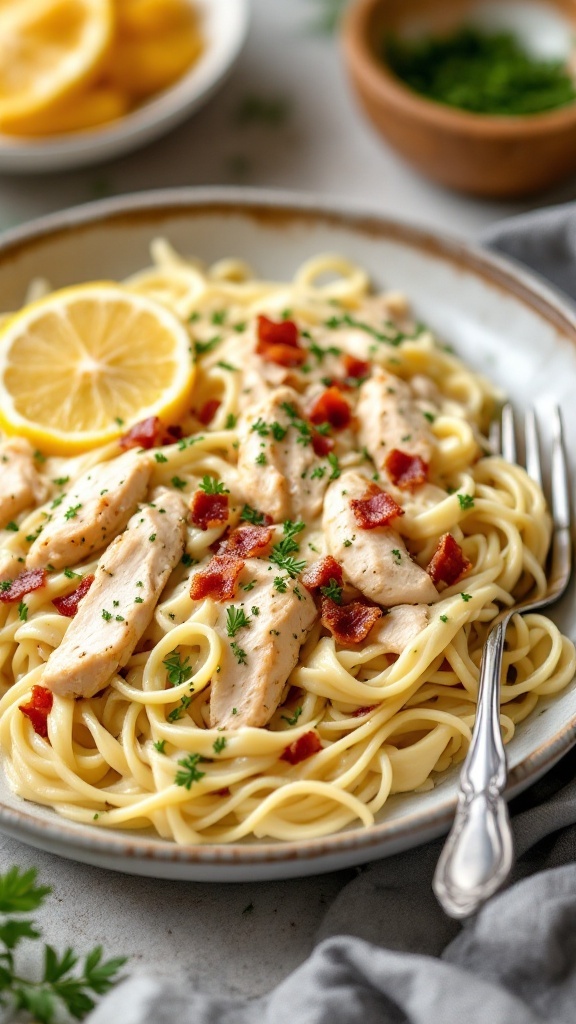 A plate of Lemon Herb Chicken and Bacon Alfredo with pasta, garnished with parsley and lemon.