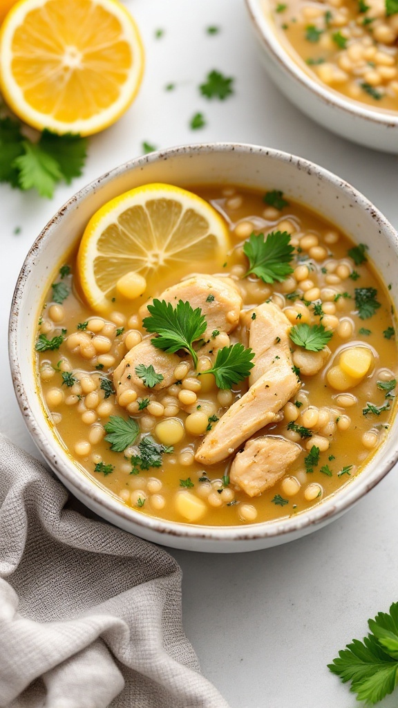 A bowl of lemon herb chicken and barley soup garnished with lemon slices and fresh herbs.