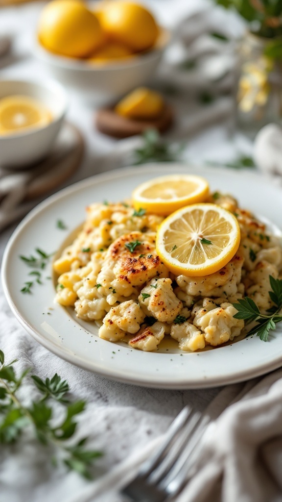 A plate of Lemon Herb Chicken and Cauliflower garnished with lemon slices