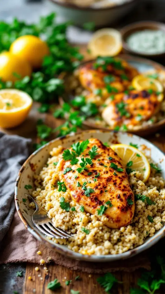 A delicious Lemon Herb Chicken and Quinoa Bake served with fresh parsley and lemon slices.