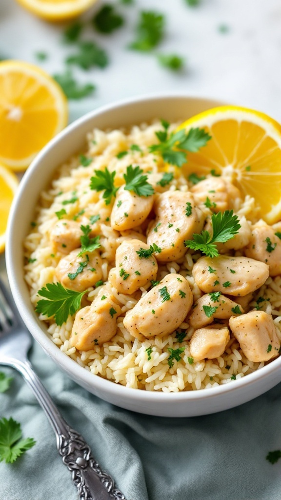 A bowl of Lemon Herb Chicken and Rice garnished with fresh parsley and lemon slices.