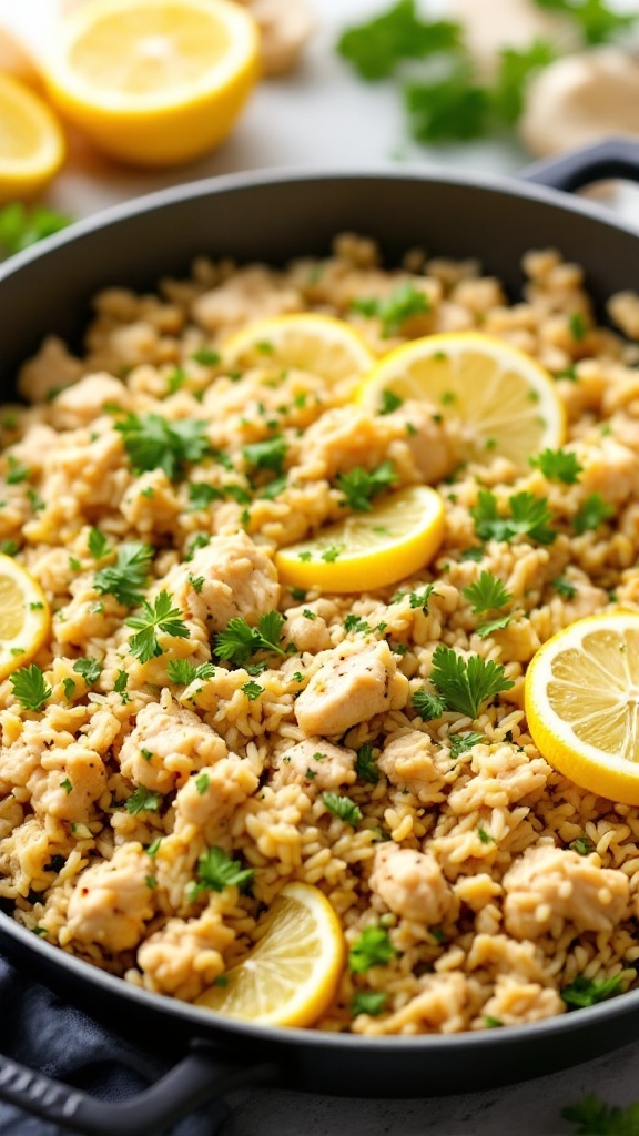 A skillet filled with lemon herb chicken and rice garnished with parsley and lemon slices.