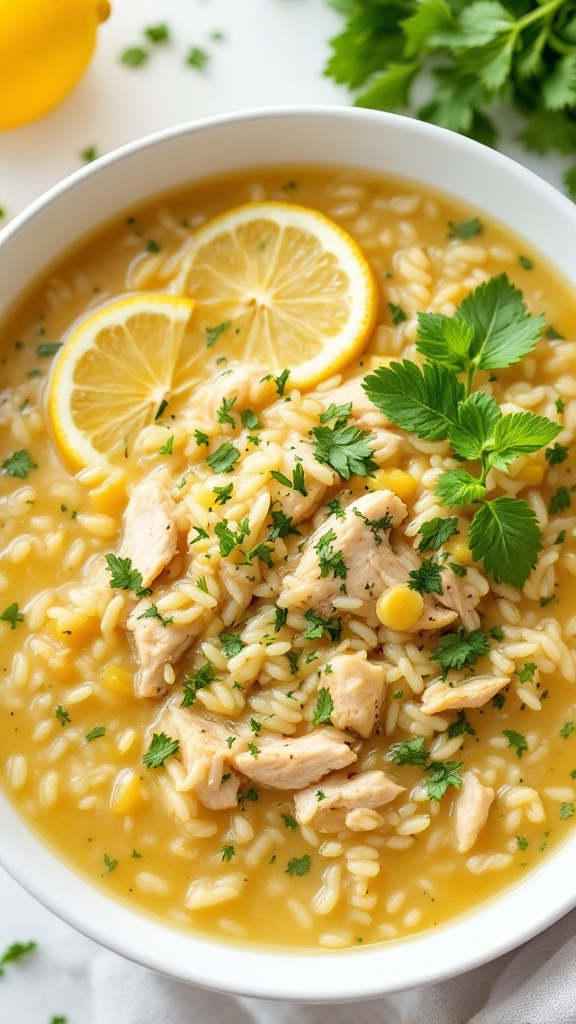 Bowl of Lemon Herb Chicken and Rice Soup with lemon slices and herbs