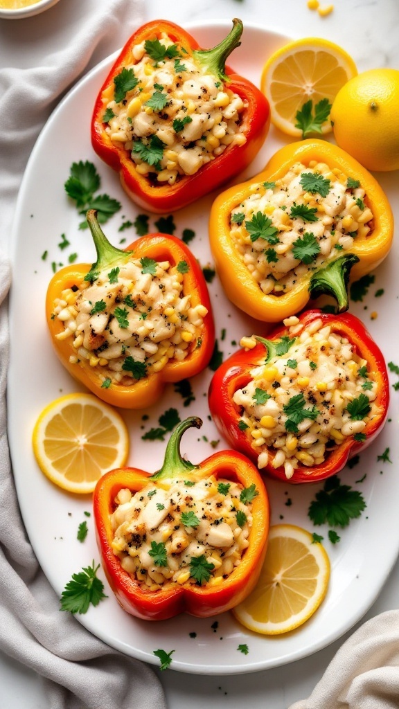 Colorful bell peppers stuffed with chicken and rice topped with herbs and lemon.