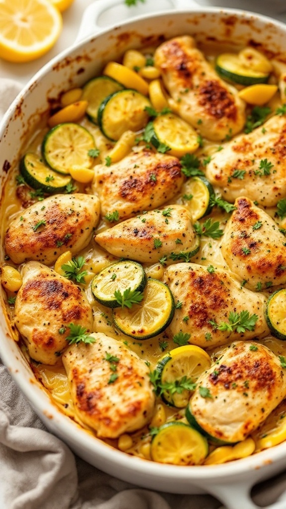 A delicious Lemon Herb Chicken and Zucchini Bake, featuring juicy chicken, fresh zucchini, and slices of lemon.