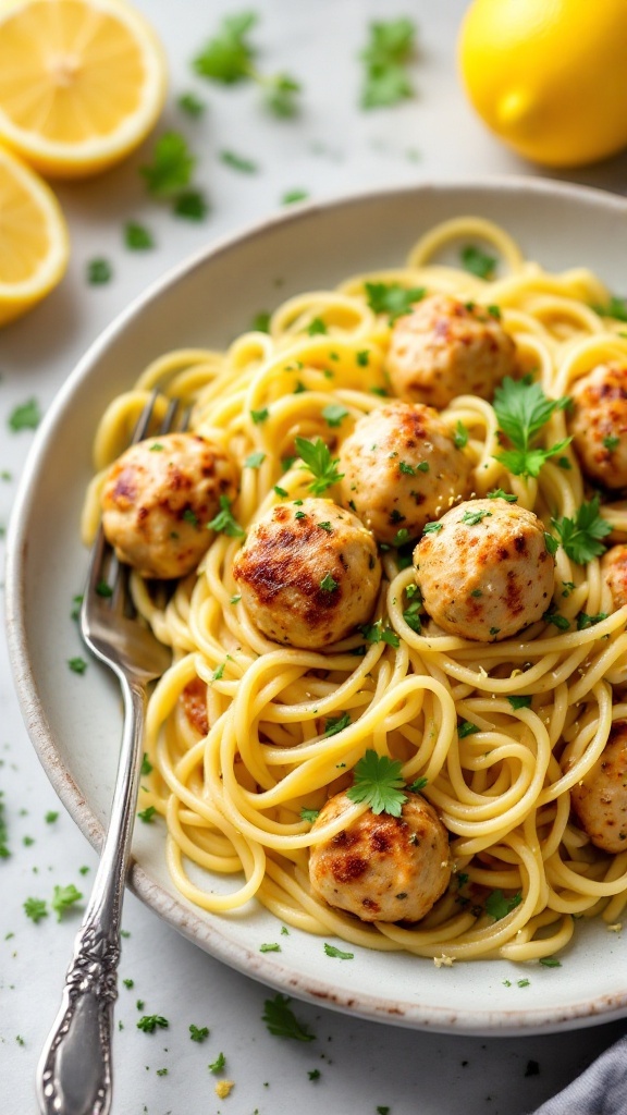 A plate of lemon herb chicken meatball linguine with garnishes.