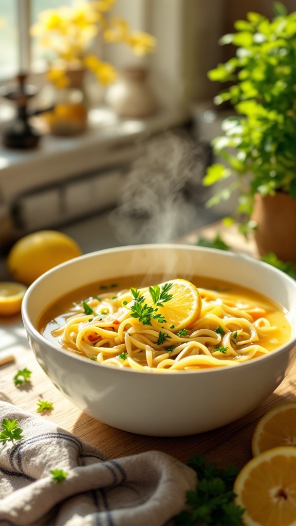 A bowl of Lemon Herb Chicken Noodle Soup with fresh herbs and lemon slices