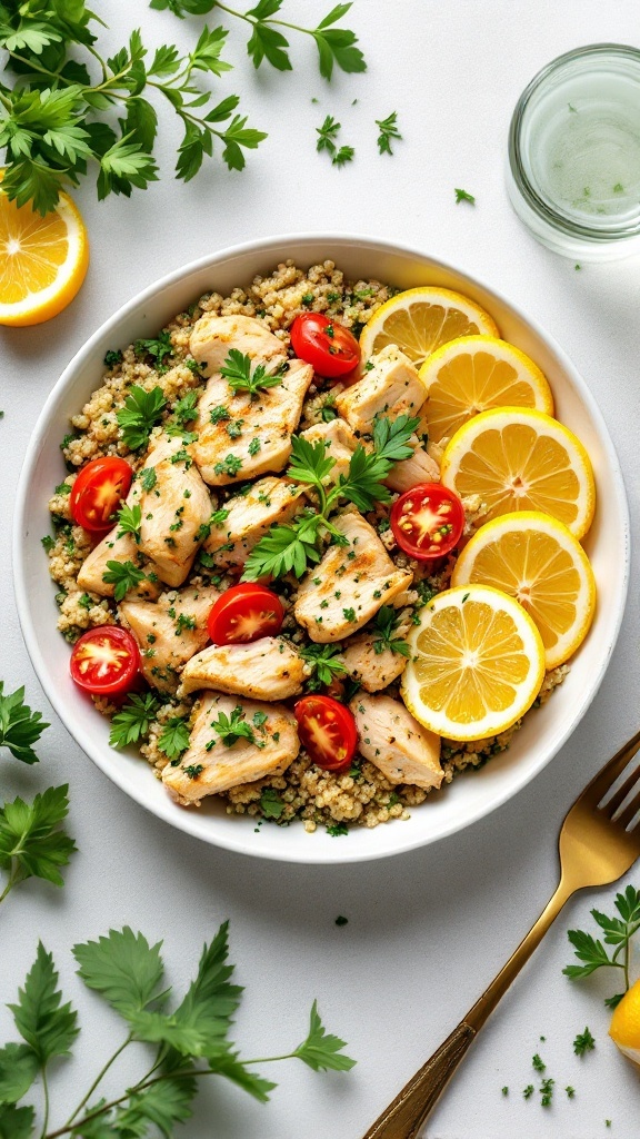 A vibrant Lemon Herb Chicken Quinoa Bowl with chicken, quinoa, lemon slices, and cherry tomatoes.