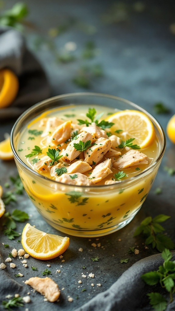 A bowl of lemon herb chicken soup with parsley and lemon slices.