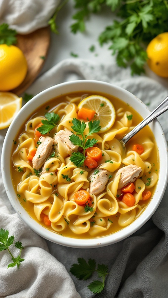 A bowl of lemon herb chicken soup with egg noodles, carrots, and parsley