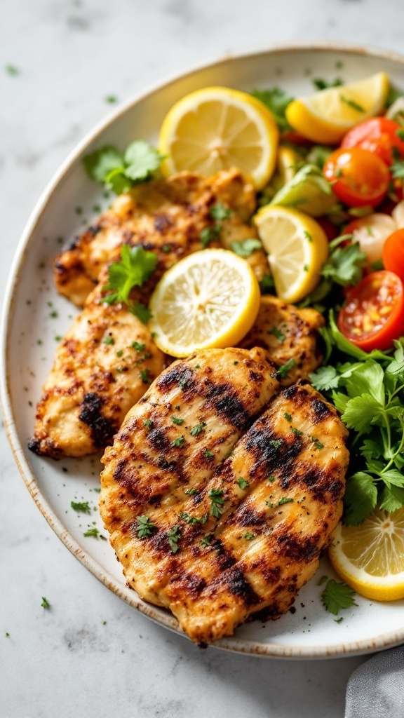 Grilled Lemon Herb Chicken Tikka served with lemon slices and fresh vegetables.