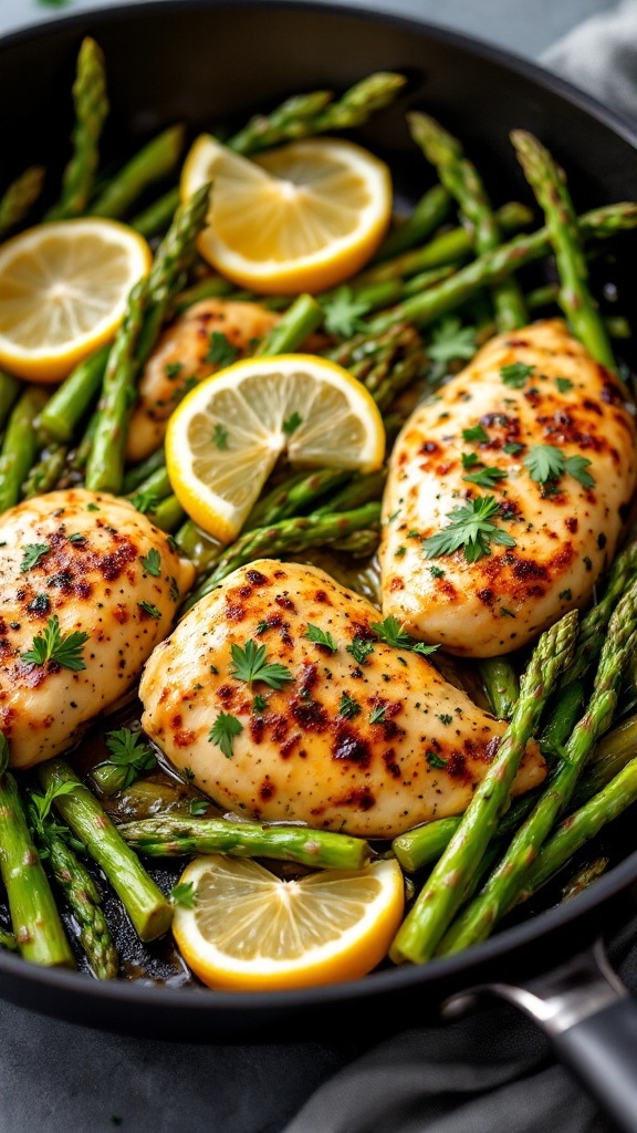 Lemon Herb Chicken with Asparagus in a skillet