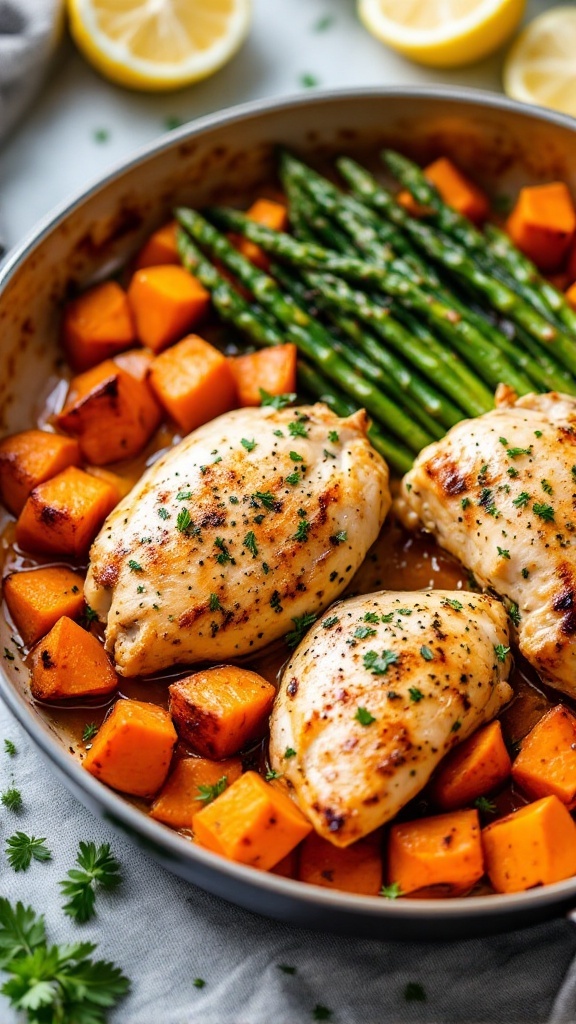 A delicious lemon herb chicken dish with roasted sweet potatoes