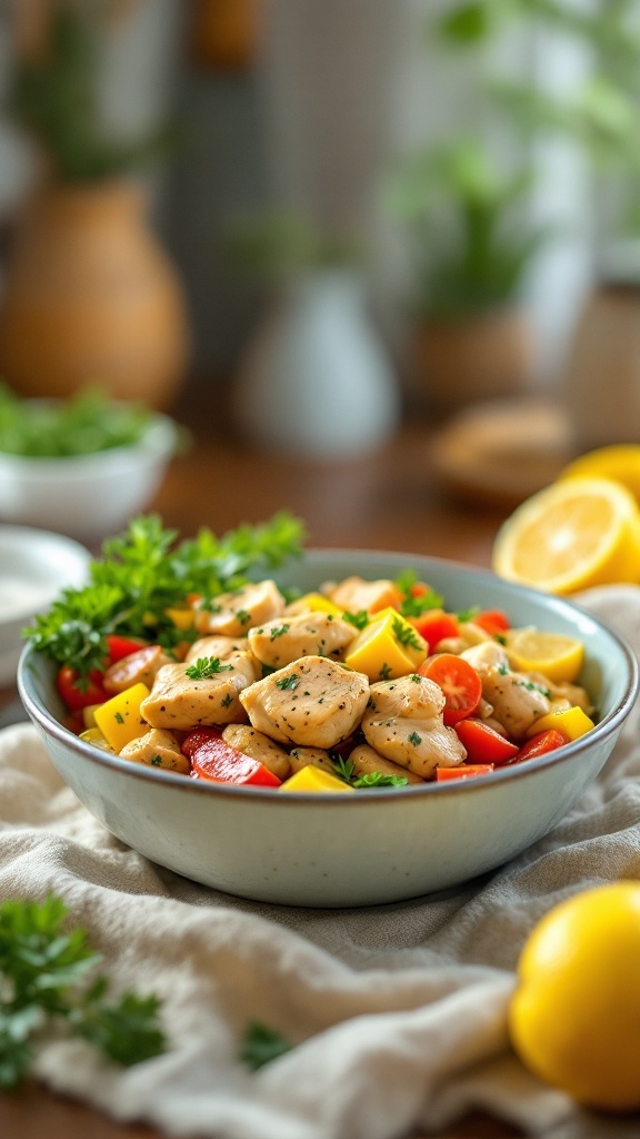 A bowl of Lemon Herb Chicken with colorful vegetables