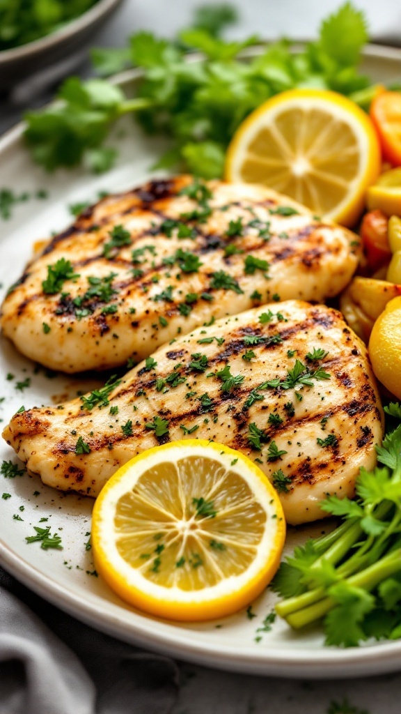 Grilled chicken breast with lemon slices and herbs on a plate