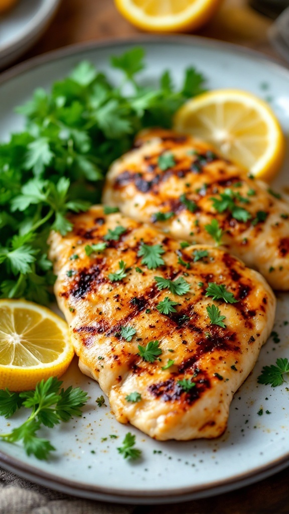 Grilled chicken breast garnished with parsley and lemon slices