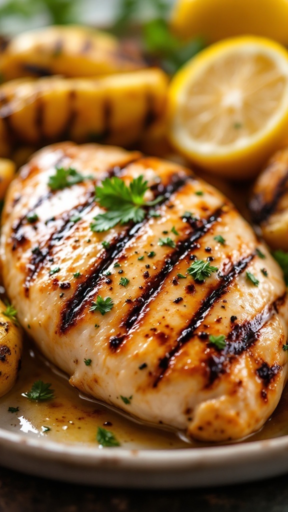 Grilled chicken breast with herbs and lemon slices