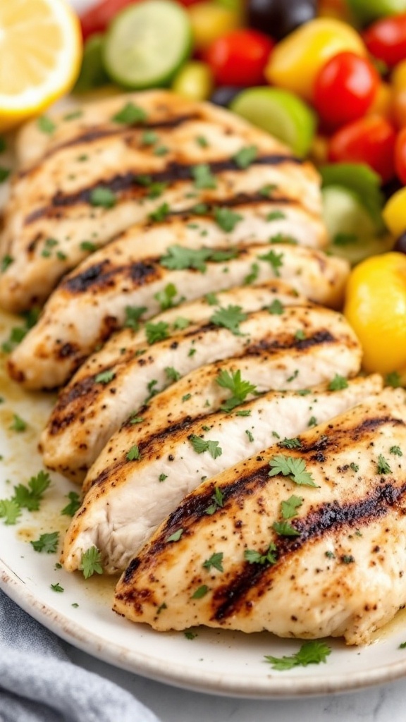 Grilled chicken breasts garnished with herbs and served with vegetables