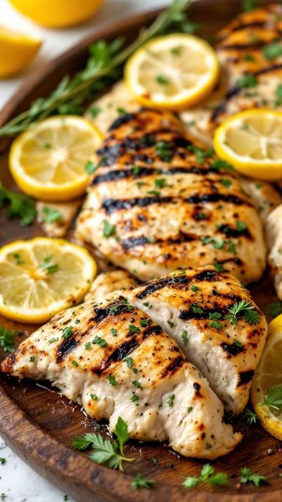 Grilled lemon herb chicken with fresh herbs and lemon slices